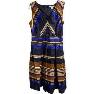 DB Women's Dress‎ Fit & Flare Navy And Gold Sleeveless V-Neck Midi Back Zip 8